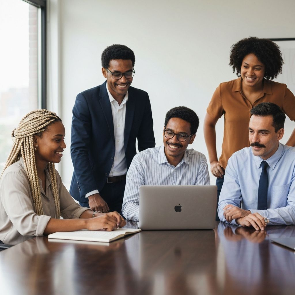 Diverse team collaborating in an office meeting